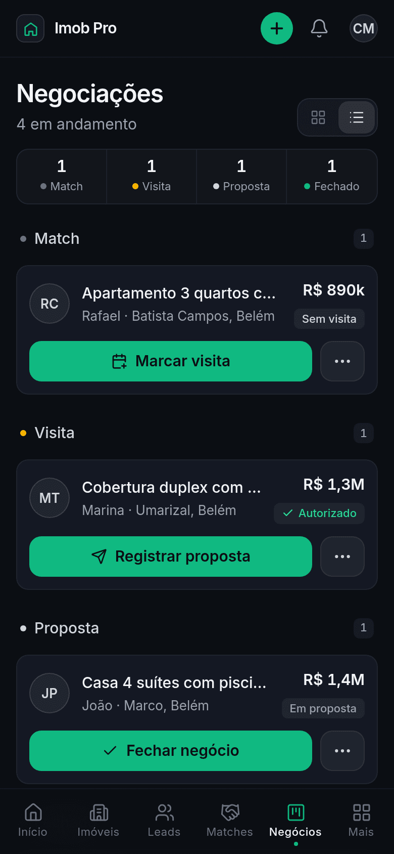 Tela do Kanban de negociações do Imob Pro